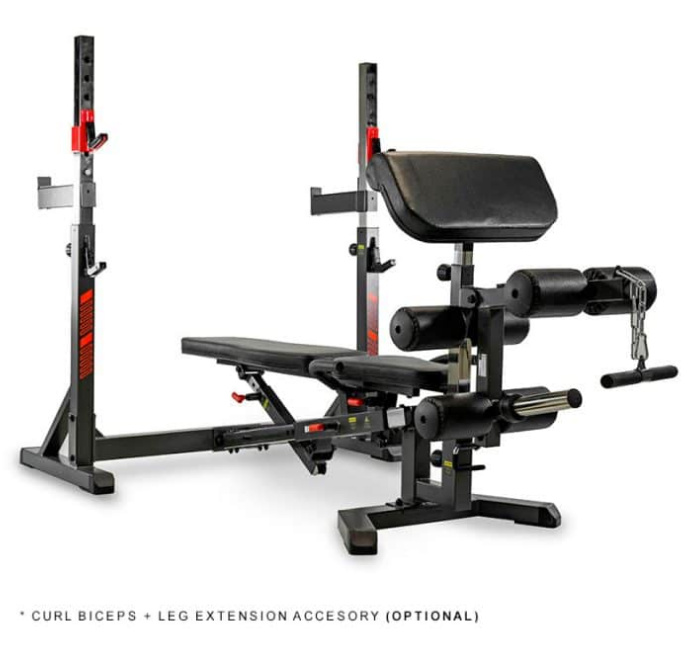 Image showing all theBH Leg Extension/leg curl/preacher accessory attached to the BH Olympic Rack Bench G510