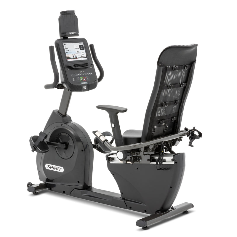 Spirit XBR55 ENT Recumbent Bike with Touch Screen main picture showing from rear right to left with clear image of console.