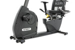 Spirit XBR55 ENT Recumbent Bike with Touch Screen  close up of pedals and seat adjustment handle in yellow