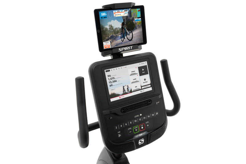 Spirit XBR55 ENT Recumbent Bike with Touch Screen showing close up of console with table clamped into the tablet holder
