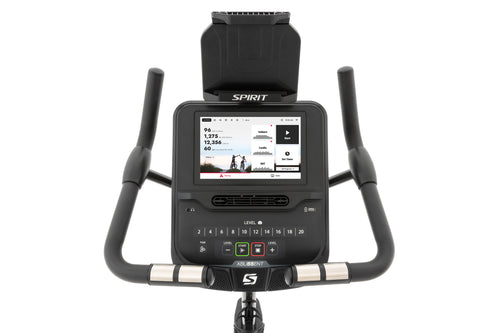Spirit XBU55 ENT Upright Bike with Touch Console showing close up of console and tablet/Smartphone holder.