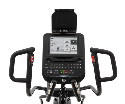 Spirit XE 395 ENT Elliptical Trainer. A close up image of the console and tablet/mobile phone holder.