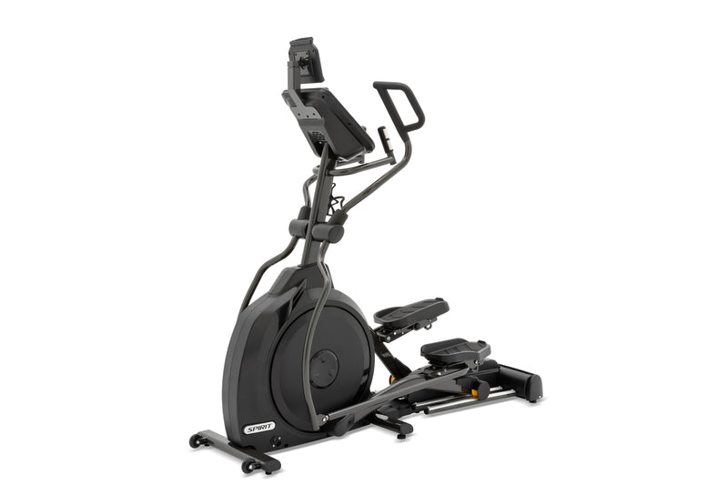 Spirit XE 395 ENT Elliptical Trainer. A view of the elliptical trainer taken from an angle from the front of the machine.