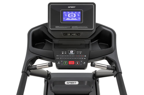 Spirit XT185 Treadmill  console showing blue backlit LCD screen, level buttons and hand grip pulse sensors.