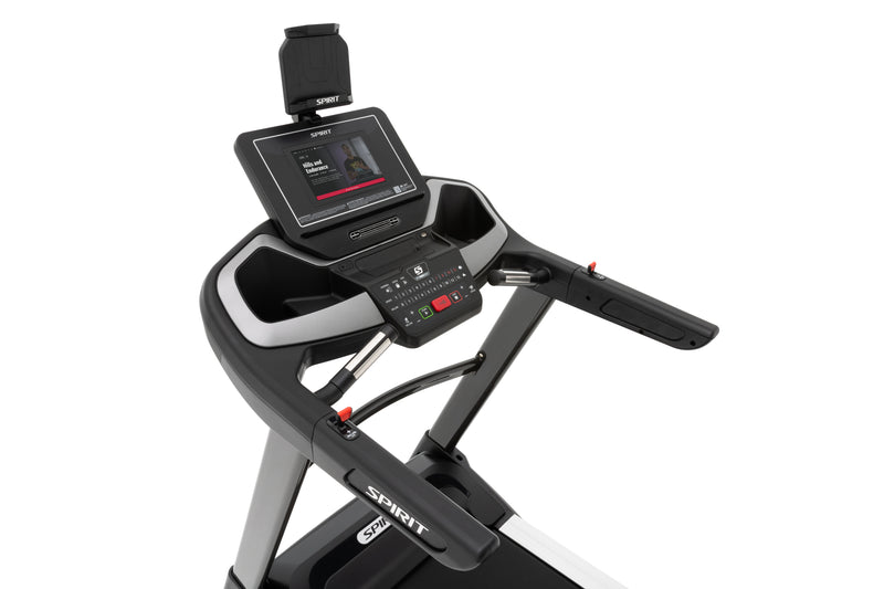 Spirit XT485 ENT Treadmill with Touch Screen angled view of console, toggles and speed and incline buttons.