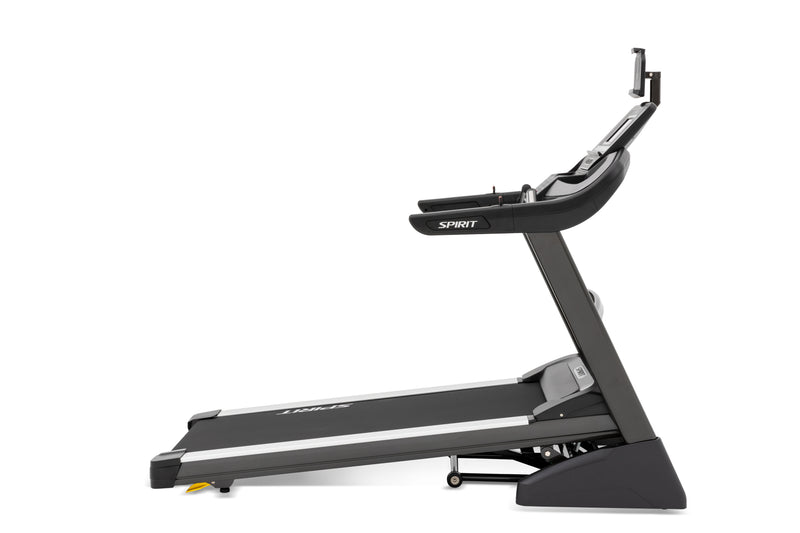 Spirit XT485 Treadmill in incline (elevated) position shown from the side.