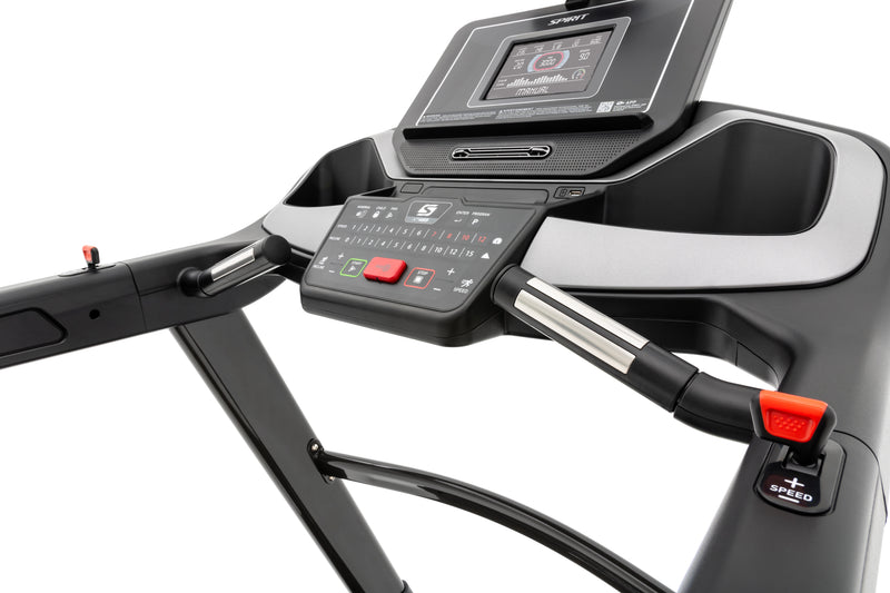 Spirit XT485 Treadmill showing close up of speed toggle, and an angled view of console buttons and hand grip pulse sensors.