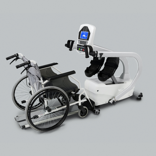 Dyaco Medical Rehabilitation Recumbent Seated Stepper 7.5S showing seat removed and wheelchair in its place.