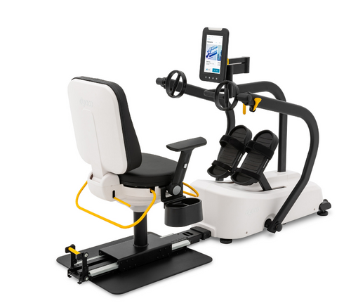 Dyaco Medical rehabilitation Recumbent Seat Stepper 8.5S side angled view from rear of the seat angled left to right.