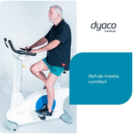 Dyaco Medical Physical Therapy Upright Bike 4.0U side view with patient pedalling and the phrase rehab meets comfort. 