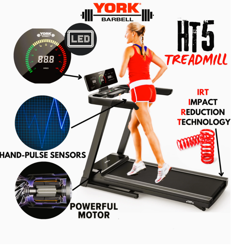 An image showing a female running on the York HT5 treadmill with other images of parts of the treadmill. Available from Fitness Options Nottingham. www.fitnessoptions.co.uk