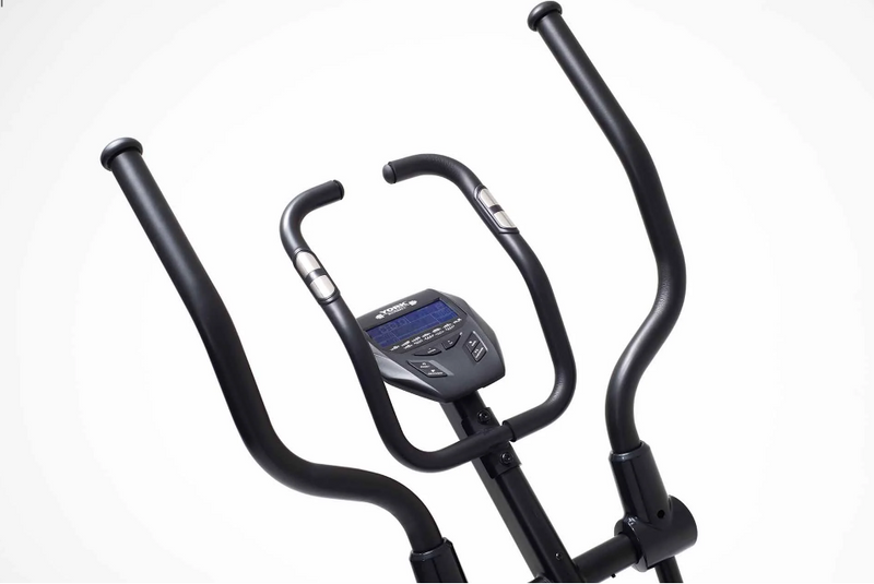 An image of the front of the York HX7 Elliptical Trainer showing the arms, console and pulse grip handle bars. Available from Fitness Options Nottingham.  www.fitnessoptions.co.uk