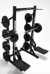 York Barbell Olympic Half Rack with vertical bar storage holders loaded with bars and Olympic plates which are not included in price