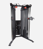 Gym machine with black and silver frame on a white background