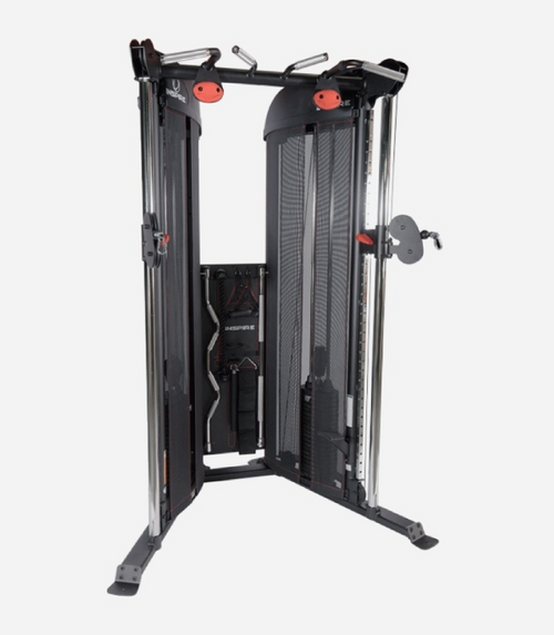 Gym machine with black and silver frame on a white background