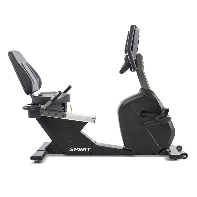 Spirit CR800+ Recumbent Bike in Graphite Grey built for commercial establishments viewed from the side