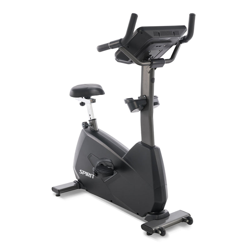Spirit CU800+ Upright bike in Graphite Grey built for commercial establishments viewed from the front