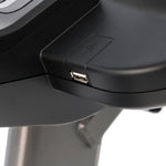 Close up of the USB port on the Spirit CU800+ Upright bike in Graphite Grey built for commercial establishments