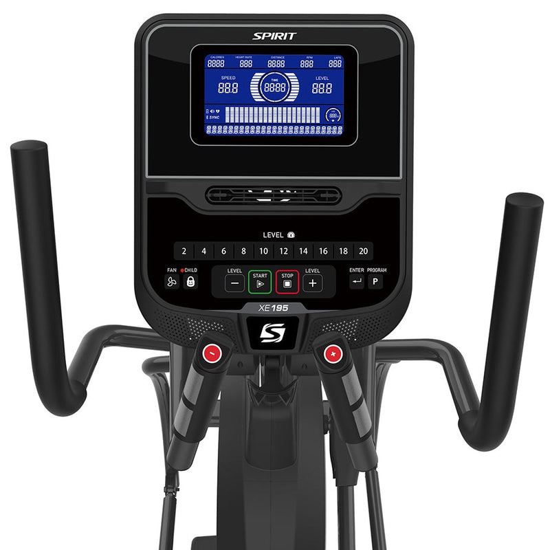 Spirit XE195 Elliptical trainer. Image of the console , handle bars and pulse grips.