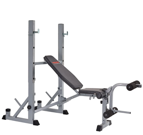 An image showing a York 540 folding bench with bench and squat rack combo plus weight storage pegs at the rear of the bench. Available from Fitness Options Nottingham.