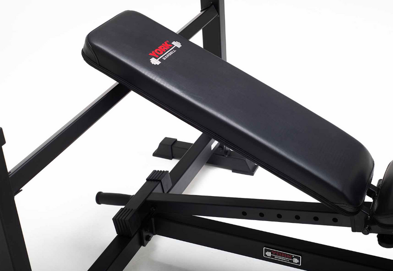 An Image featuring the backrest from the York Barbell C19BB Olympic Bench with leg developer. The backest is in an incline position. Available from Fitness Options Nottingham.