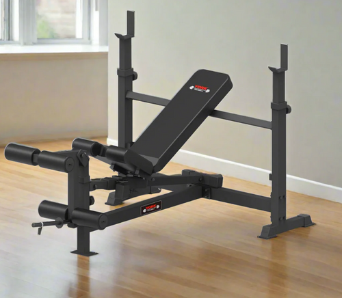 An image taken in a room setting of the York Barbell C19B Olympic Bench with leg developer. Showing the some of the backrest and seat positions. Available from Fitness Options, Nottingham.