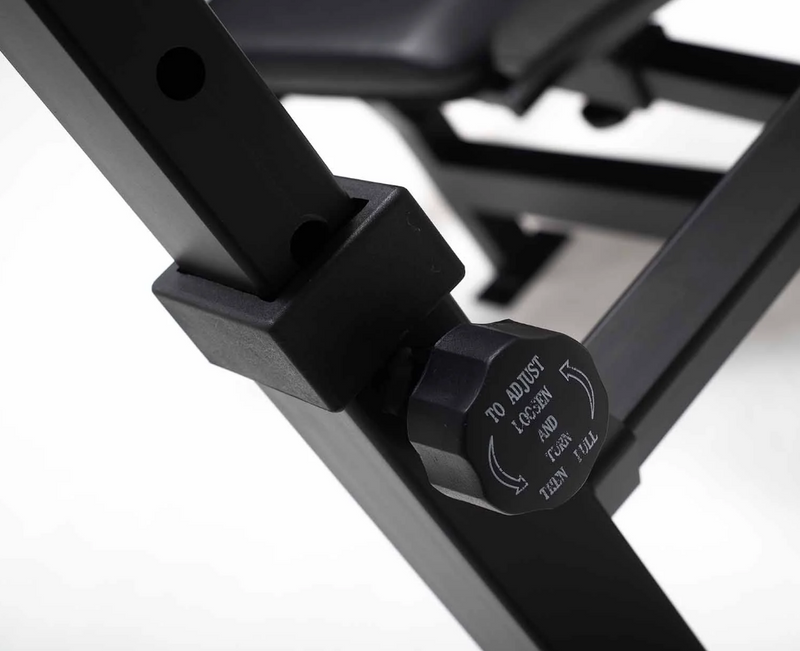 This image shows the adjustment knob on the bar rests of the York Barbell C19BB Olympic Bench with Leg developer. Available from Fitness Options Nottingham.