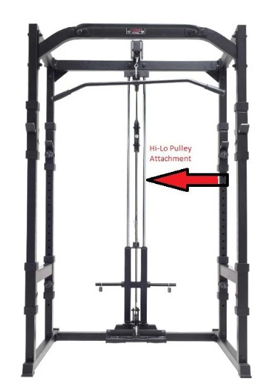 An image pointing out the Hi-Lo Pulley Attachment on the York Olympic C19P Power Cage. Available from Fitness Options Nottingham. www.fitnessoptions.co.uk