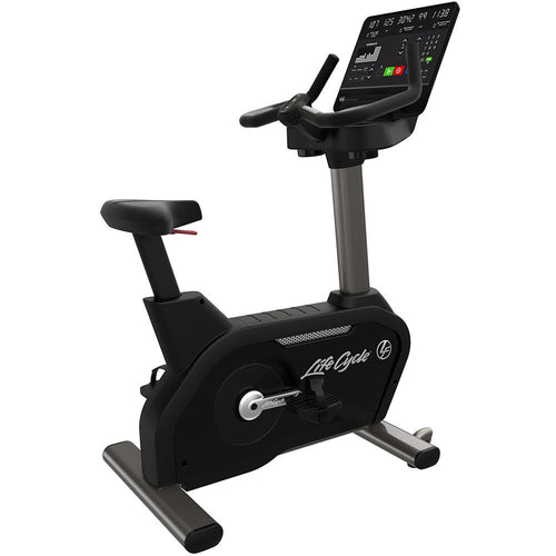 A side view of the Life Fitness Club series upright bike with SL console.  Fitness Options, Online Gym Equipment Supplier and Nottinghamshire Showroom