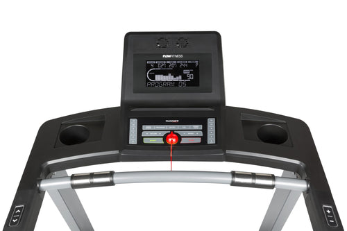 An image showing the front of the Flow Fitness DTM 2000i treadmill console and handle bars with heart rate hand grip. Fitness Options. Nottingham's leading fitness & gym equipment supplier.