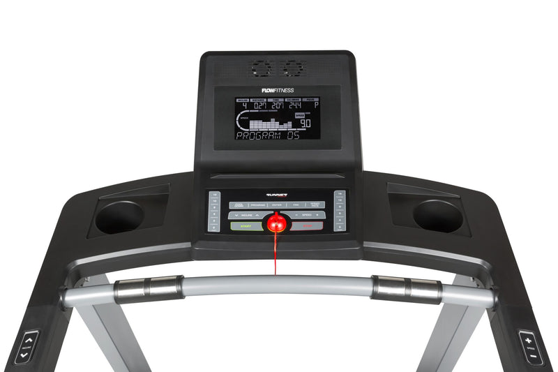 An image showing the front of the Flow Fitness DTM 2000i treadmill console and handle bars with heart rate hand grip. Fitness Options. Nottingham's leading fitness & gym equipment supplier.