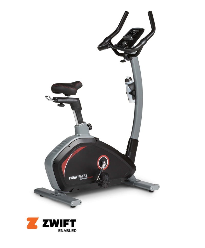 Flow Fitness DHT 2000i Upright Bike showing its Zwift enabled