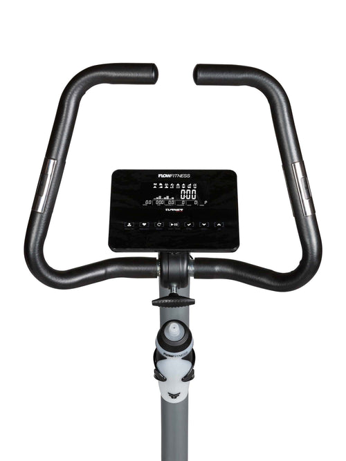 An image of the handle bars and console on the Flow Fitness DHT750 Upright bike also showing the water bottle holder. Fitness Options. Nottingham's leading fitness & gym equipment supplier. 