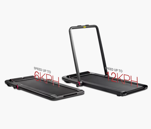 Image of two Flow Fitness DTM100i Walking Pads, One with its handle bar raised. Fitness Options. Nottingham's leading fitness & gym equipment supplier.