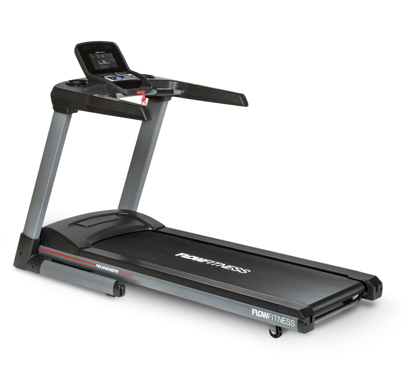 An image of the Flow Fitness DTM 2500 treadmill taken from an angle.  Fitness Options. Nottingham's leading fitness & gym equipment supplier.l 