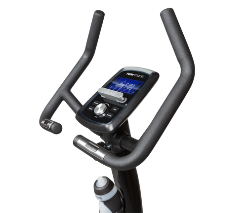 An image showing the handle bars with heart rate sensors and console on the Flow Fitness B3i Upright bike. Fitness Options. Nottingham's leading fitness & gym equipment supplier.