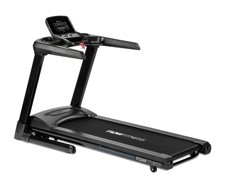 A view of the Flow Fitness T2i light commercial treadmill taken from an angle. Fitness Options. Nottingham's leading fitness & gym equipment supplier.