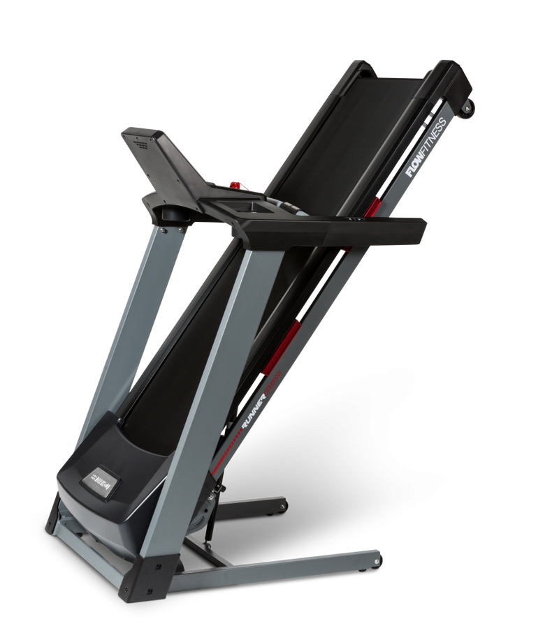 An image showing the Flow Fitness DTM 2000i treadmill folded up. Fitness Options. Nottingham's leading fitness & gym equipment supplier.