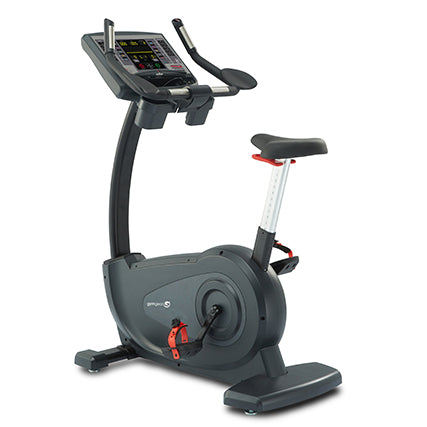 A full image of the Gym Gear C97 Upright bike showing the large console and elbow rests.  Fitness Options, Online Gym Equipment Supplier and Nottinghamshire Showroom
