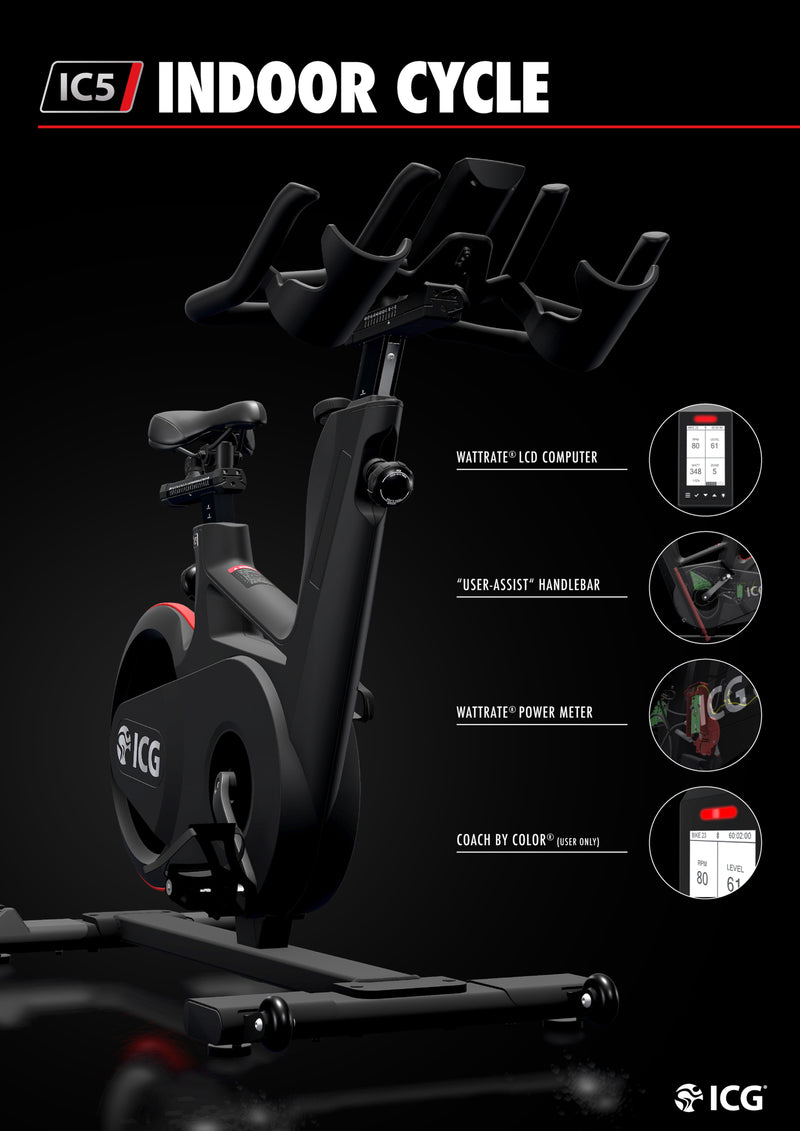 Image of the Life Fitness IC5 indoor training cycle pointing out the bikes features.  Fitness Options. Nottingham's leading fitness & gym equipment supplier.