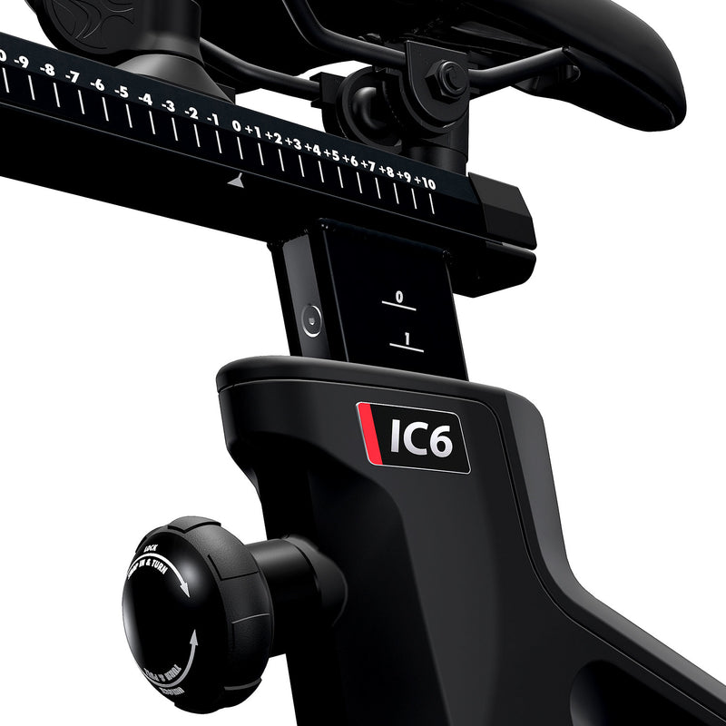Close up image showing the seat adjustment mechanisms on the Life Fitness IC6 indoor bike.  Fitness Options. Nottingham's leading fitness & gym equipment supplier.
