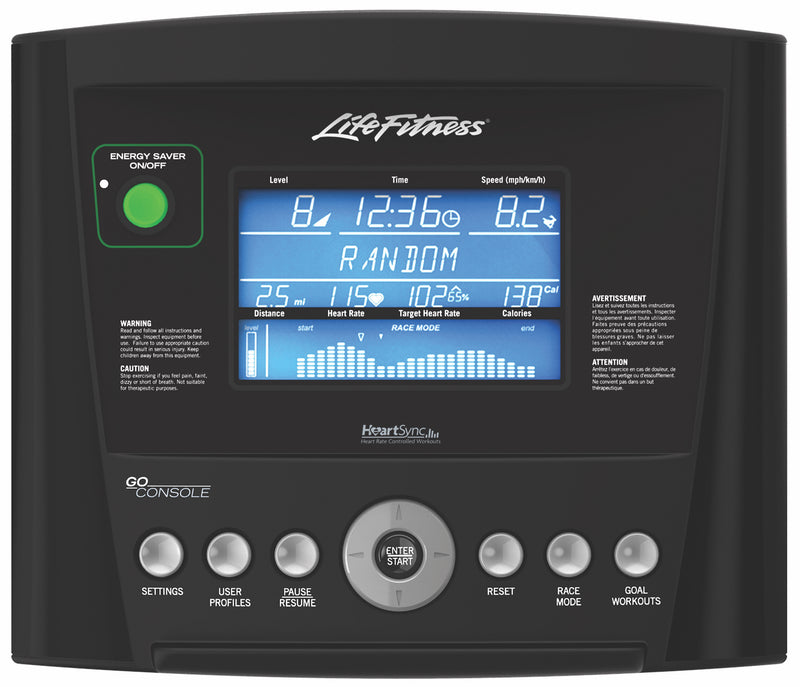 Close up image of the GO console from the Life Fitness E1 cross trainer.  Fitness Options. Nottingham's leading fitness & gym equipment supplier.