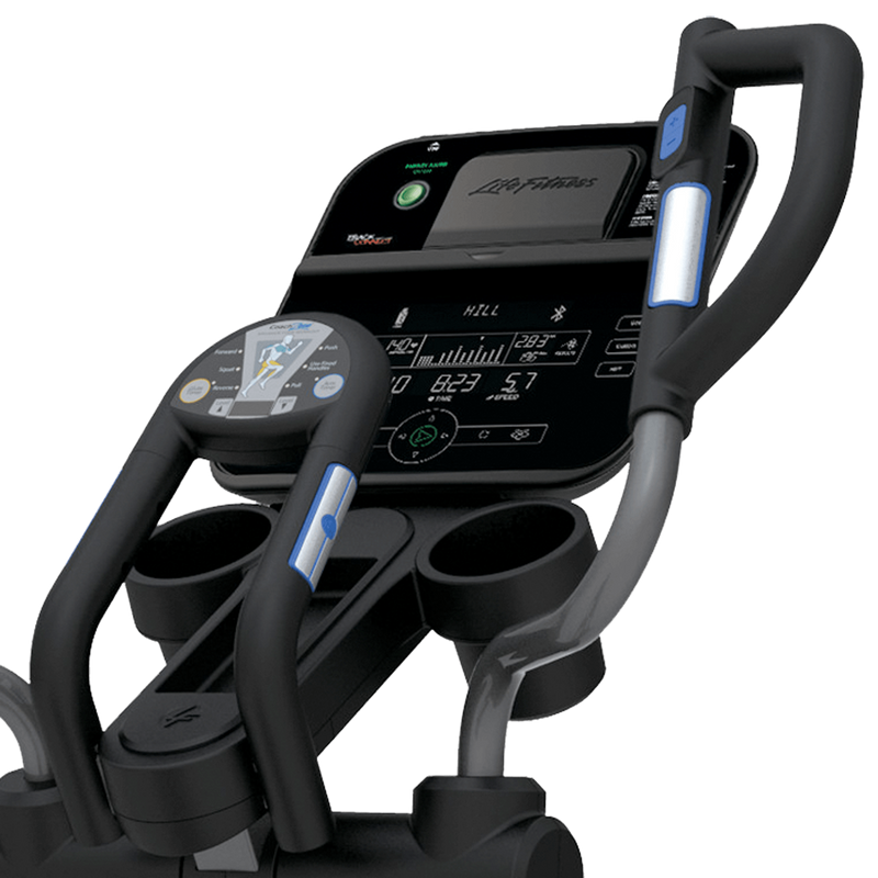Close up  image showing  the consoles and heart rate grip and controls  on the handle bars of the Life Fitness E3 Cross Trainer.  Fitness Options. Nottingham's leading fitness & gym equipment supplier.
