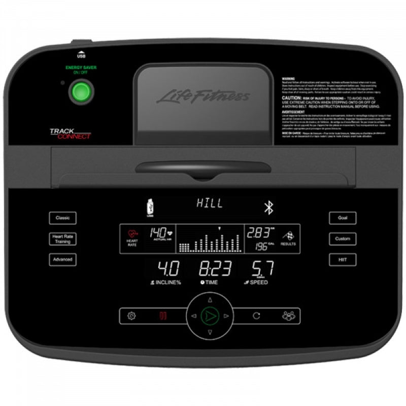 Close up view of the Track Connect console from the Life Fitness F3 folding treadmill. Fitness Options. Nottingham's leading fitness & gym equipment supplier.