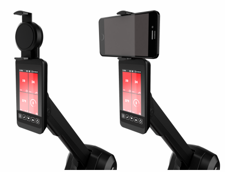 Two images of the console form the Life Fitness TFT2.0 Performance Heat Rower, one with a mobile phone in its holder and one without.  Fitness Options, Online Gym Equipment Supplier and Nottinghamshire Showroom