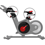Image high lighting the braking mechansim, unisex saddle and pedals on the Life Fitness IC4 Indoor training cycle. Fitness Options. Nottingham's leading fitness & gym equipment supplier.