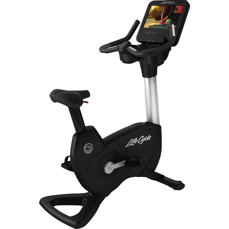An image of the hi tech Platinum Upright bike with SE3HD console/entertainment system from Life Fitnesss.  