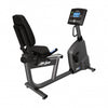 Image of the Life Fitness RS1 recumbent bike  showing the console and handle bar to assist in mounting and dismounting the bike.  Fitness Options. Nottingham's leading fitness & gym equipment supplier.