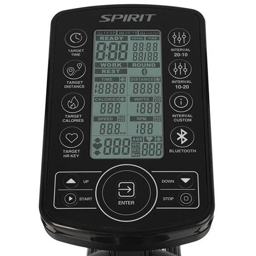 Close up image showing all the features on the console from the Spirit AB900 Air bike.  Fitness Options, Online Gym Equipment Supplier and Nottinghamshire Showroom