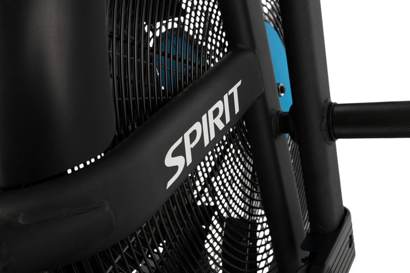 Close up angled image of the flywheel and foot rest on the Spirit AB900 Air Bike.  Fitness Options, Online Gym Equipment Supplier and Nottinghamshire Showroom